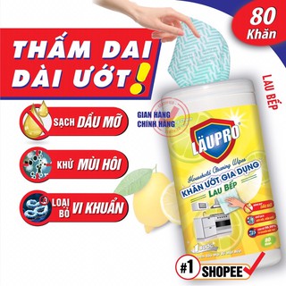 Khăn Ướt LAU BẾP, Lò vi sóng, Bếp từ, nướng, tủ chạn | Bay Dầu Mỡ Mùi Hôi | CHỨA CỒN KHÁNG KHUẨN | Hộp 80 Khăn Laupro