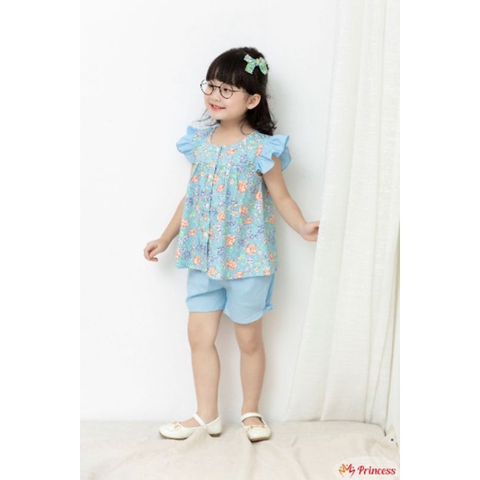 Bộ thô cho bé gái từ 8-21kg hoạ tiết hoa xanh mát