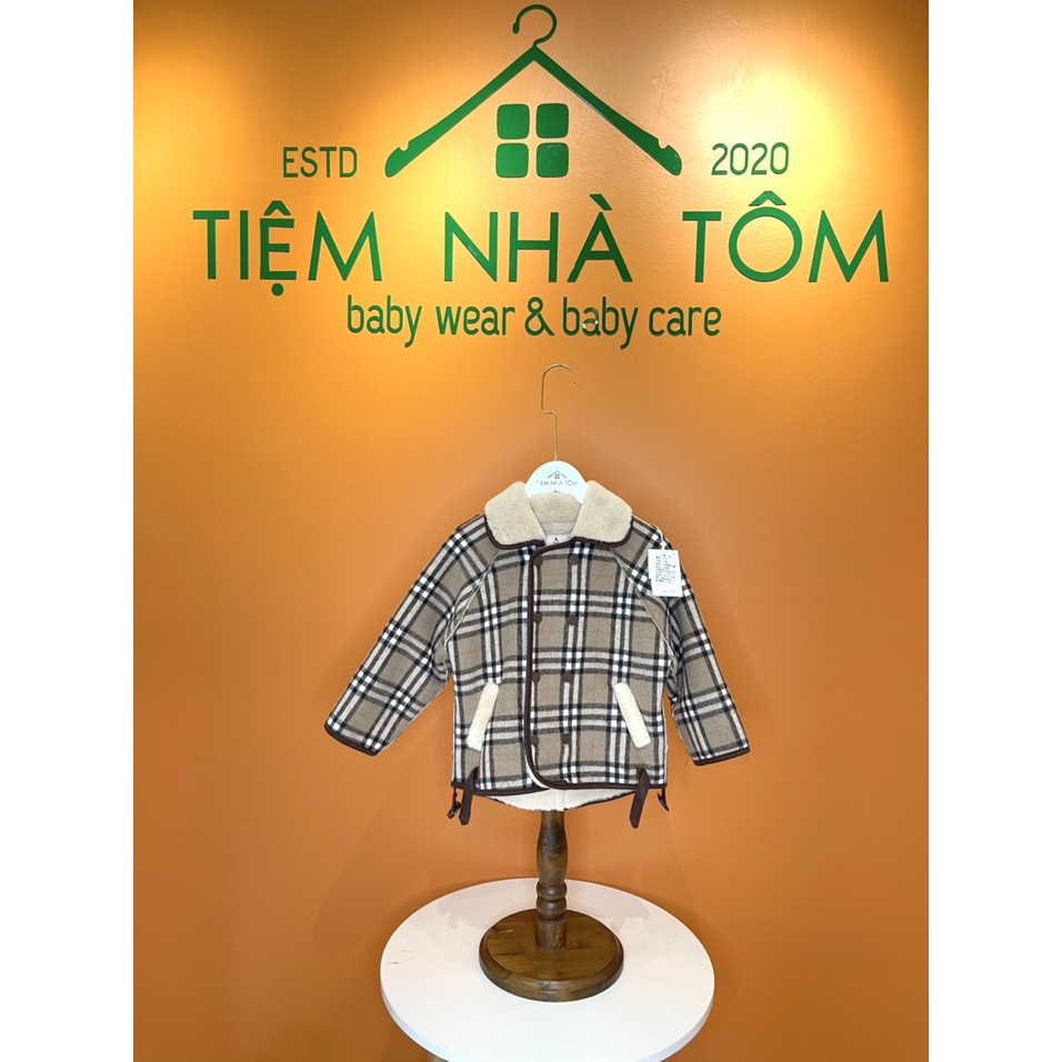 Khoác dạ kẻ lông cừu 2 mặt siêu ấm cho bé