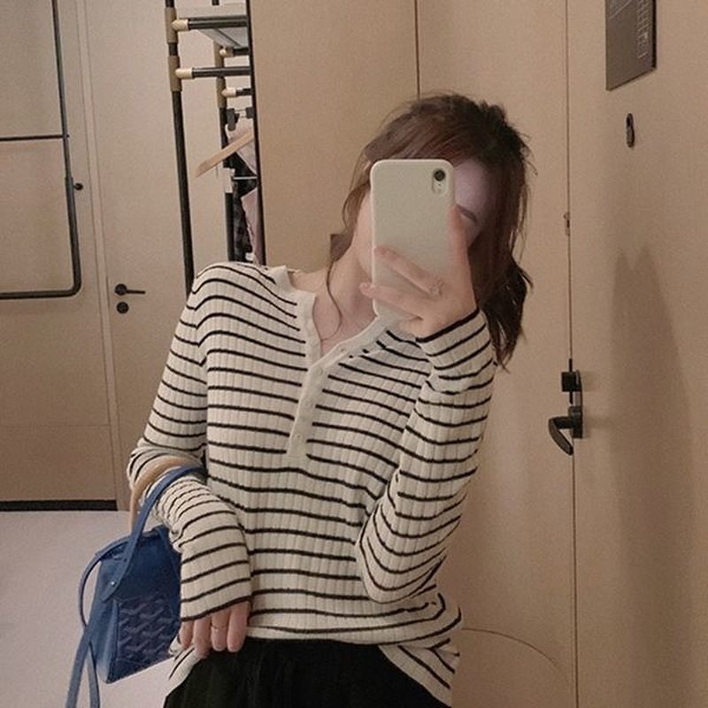 Áo dệt kim tay dài họa tiết kẻ sọc thời trang mùa thu cho nữ