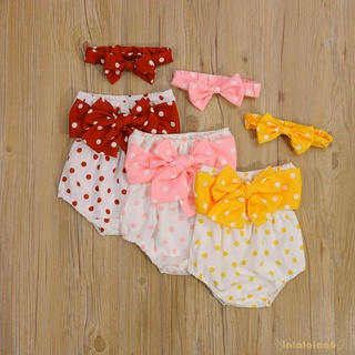 Set 2 món áo liền quần họa tiết chấm bi không dây + băng đô nơ cho bé gái LAA6