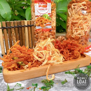 Khô mix 3 vị Mực hấp nước dừa - Mực khô bơ tỏi - Mực Sốt tomyum  300g Hàng cao cấp loại 1
