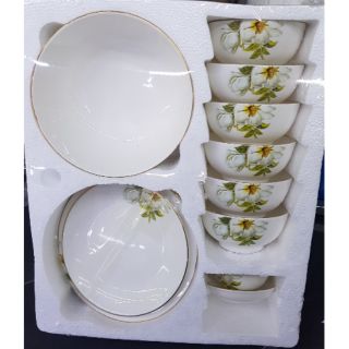 Bộ bát đĩa 12 sản phẩm hoa trà chỉ vàng kim chuyên dành cho gia đình việt nam gồm 6 cơm 1 tô 3 đĩa 1 mắm 1 gia vị