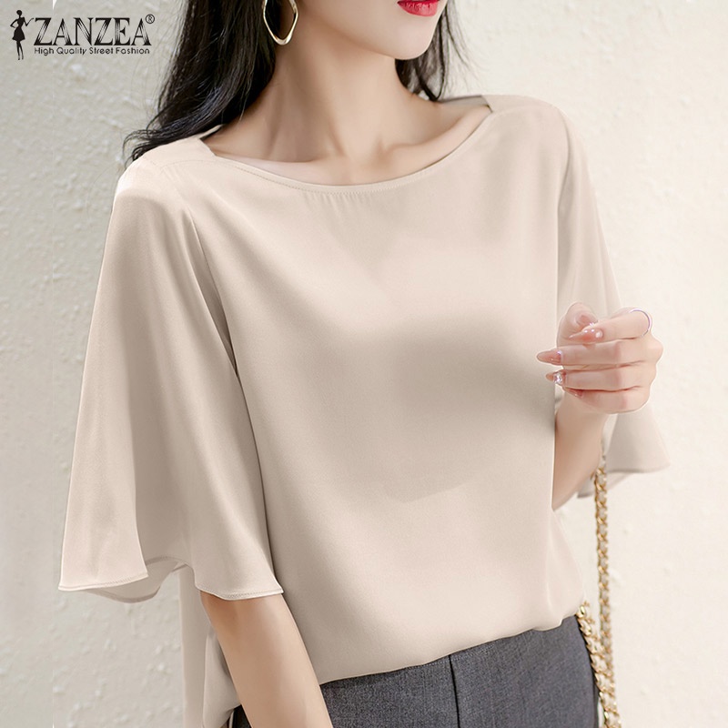 Áo ZANZEA satin ngắn tay cổ tròn thời trang đường phố thanh lịch cho nữ