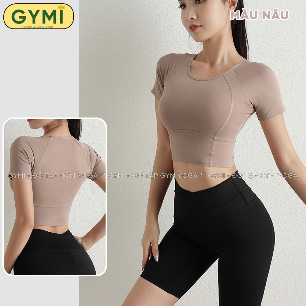 Áo tập gym yoga nữ GYMI AC27 dáng croptop thun ngắn tay thể thao chất poly cao cấp co giãn phom ôm body