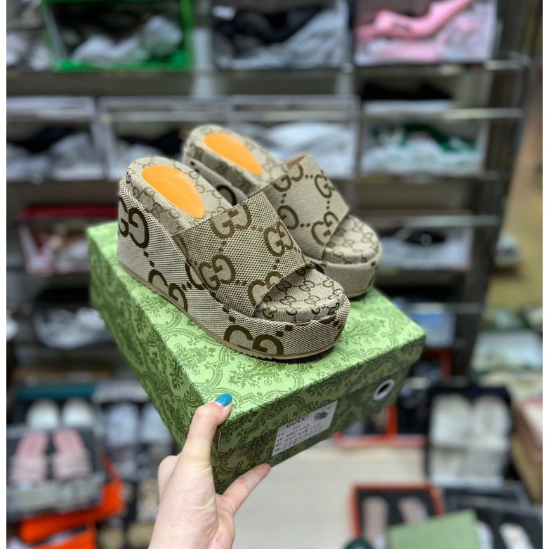 Dép Xuồng GC nữ cao 10-12p  nâu - xanh  form to