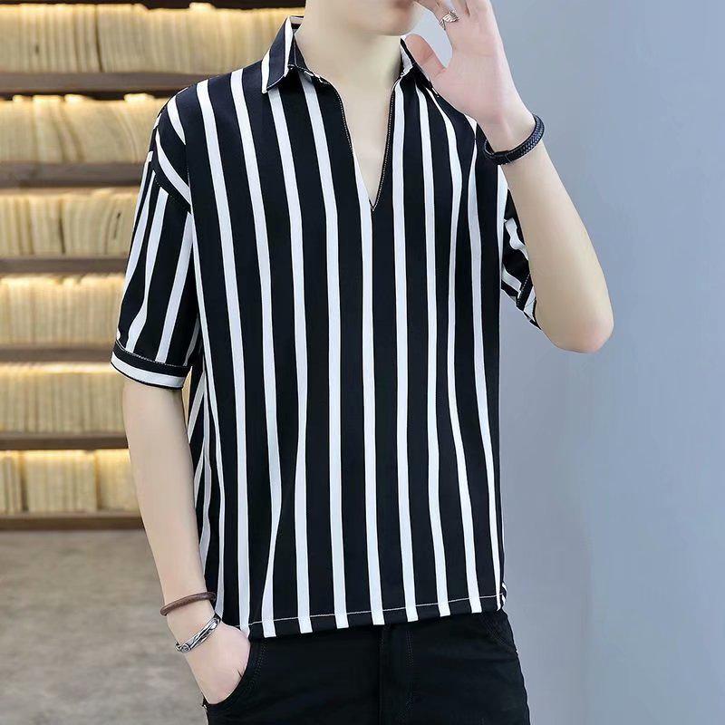 Áo Sơ Mi Tay Lửng Cổ Chữ v Họa Tiết Kẻ Sọc Phong Cách Hàn Quốc Thời Trang Mùa Hè Cho Nam Size s-3xl