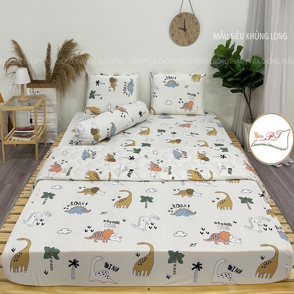 Bộ ga chống thấm cotton cho bé, drap chống thấm nước cao cấp kèm vỏ gối đầu và vỏ gối ôm mềm mịn mát (mẫu khủng long)