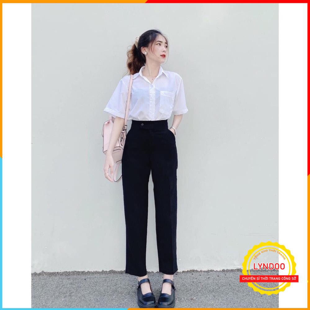 Quần Baggy Nữ Cạp Cao Cúc Lệch Quần Baggy Nữ Công Sở Lưng Cao Khuy Cài Vải Tuyết Mưa Co Dãn Nhẹ Hàng Đẹp Cực Dễ Phối Đồ