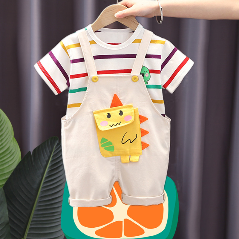 0-5 years old children's striped short-sleeved T-shirt + pocket shorts bib set 2-piece set of cute little dinosaur graphics