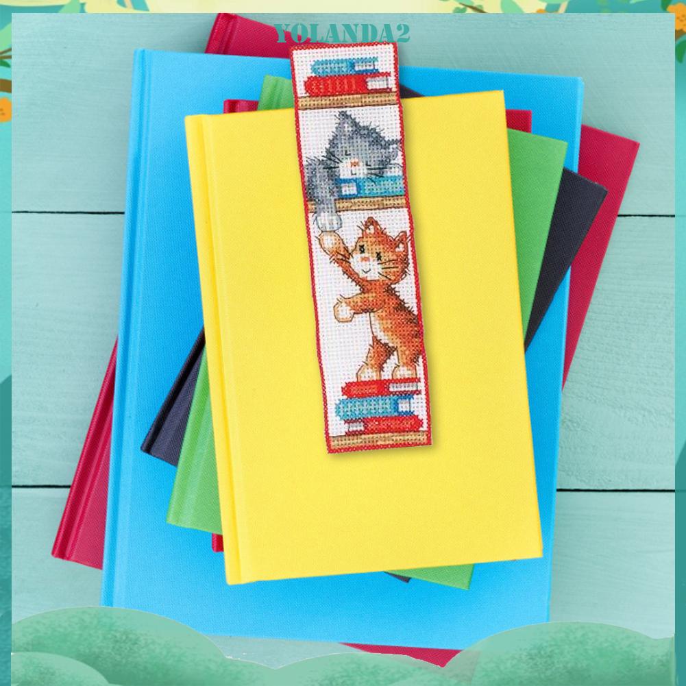 (canvas no printing)  Bộ dụng cụ đánh dấu sách vải cotton 14CT thêu hình mèo dễ thương