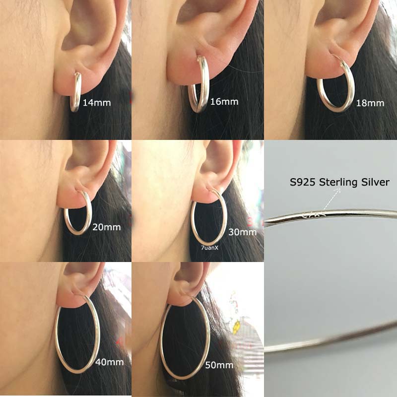 1 Đôi Bông Tai Bạc 925 14-50mm Hình Vòng To Unisex Không Gây Dị Ứng