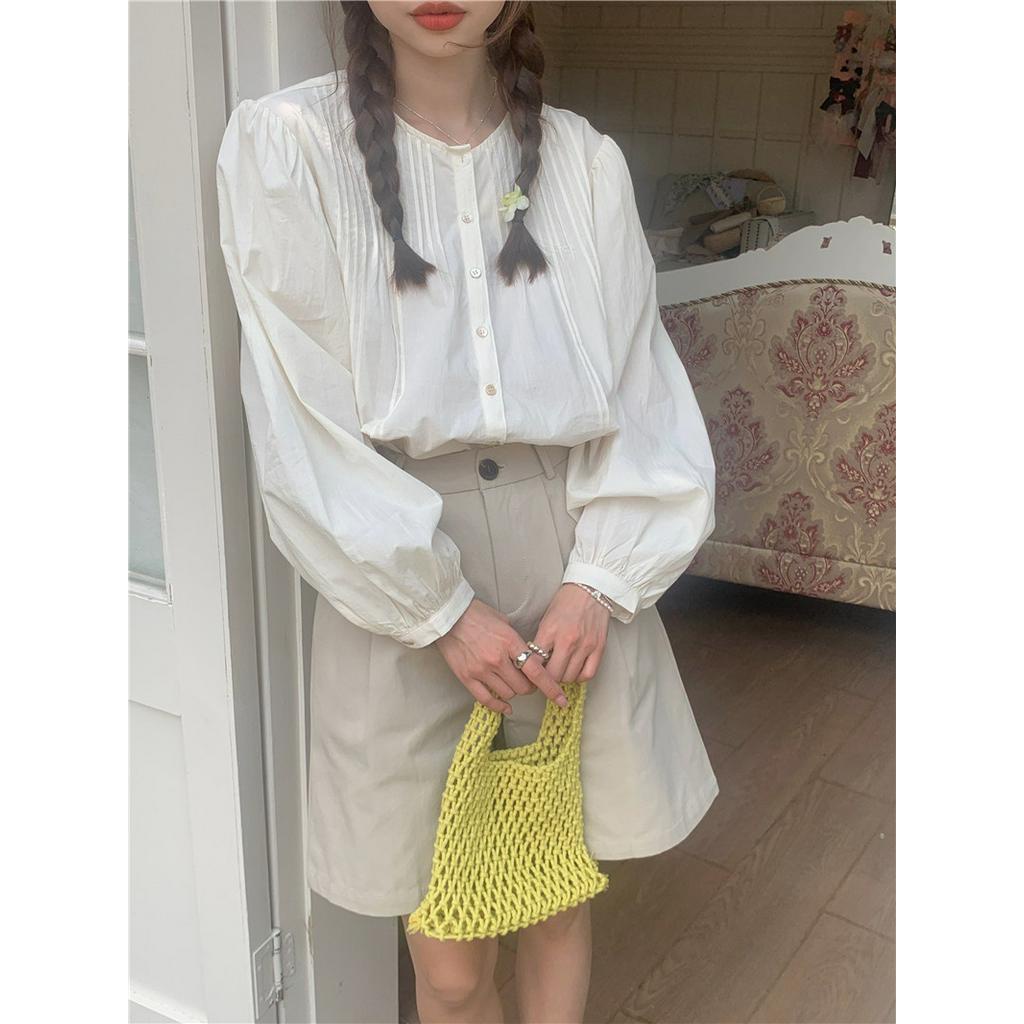 Áo Sơ Mi Dài Tay Cổ Tròn Dáng Rộng Màu Sắc Đơn Giản 61914