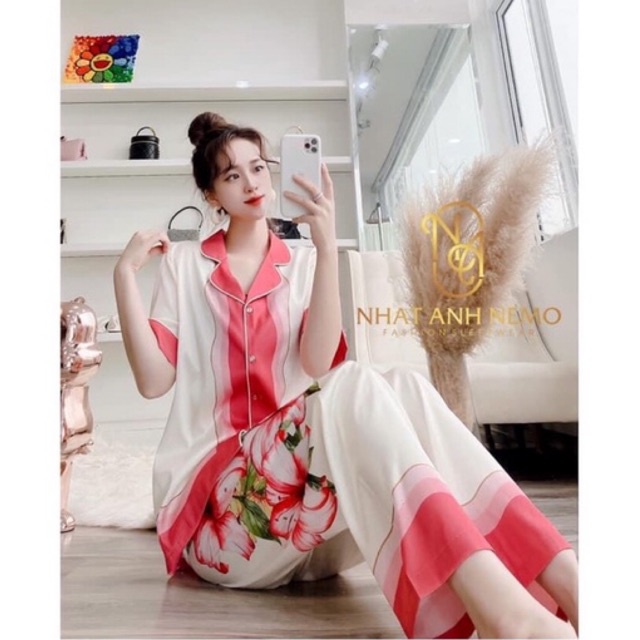 PIJAMA TAY NGẮN GƯƠNG HỒNG F001 LỤA XƯỚC QUẢNG CHÂU CAO CẤP