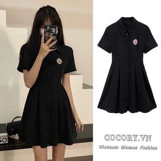 【Cocory】 Đầm Nữ Dáng Chữ A Màu Đen Tay Ngắn Thời Trang Mùa Hè