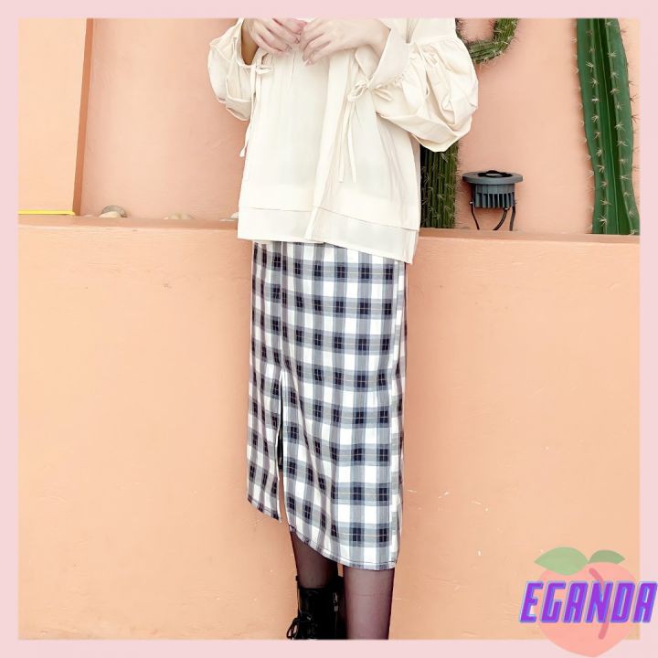 Chân váy dài kẻ xẻ tà 2 lớp , chân váy hoạ tiết kẻ caro , chân váy bút chì -