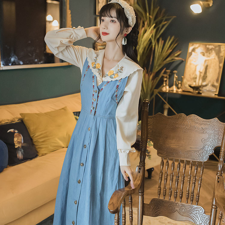 Mùa xuân mới phong cách Pháp cổ điển thêu denim màu xanh dương dài tay váy midi của phụ nữ