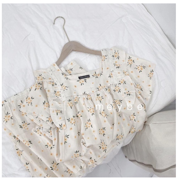 Bộ bầu sau sinh hoa nhí _Bộ Đũi Lanh cộc tay mùa hè có chun chỉnh tiện lợi có khóa mở ngực cho bé ti .