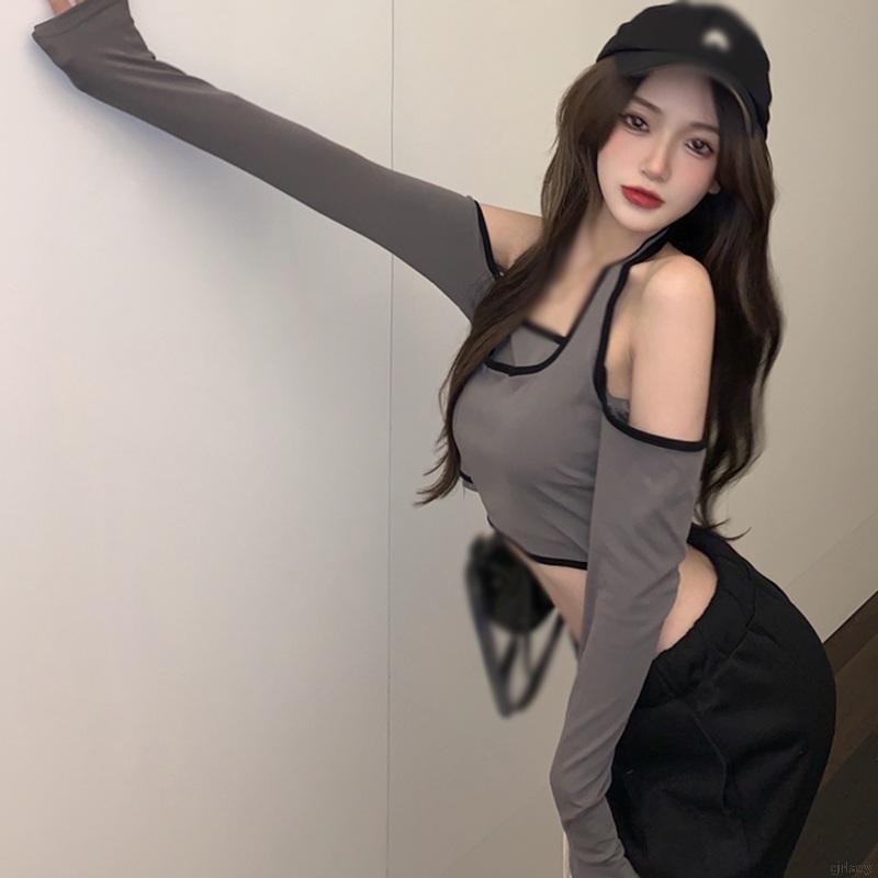 Áo croptop tay dài hở vai màu sắc thời trang Hàn Quốc dành cho nữ