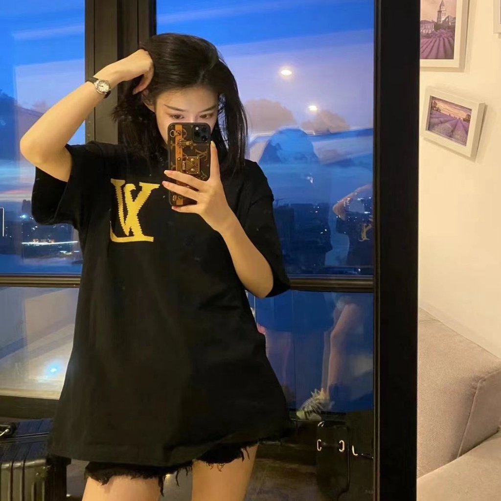 Áo Thun 100% Cotton Nguyên Chất Tay Ngắn Dáng Rộng In Hình Khối Vuông Lv/trademark+tag/22ss
