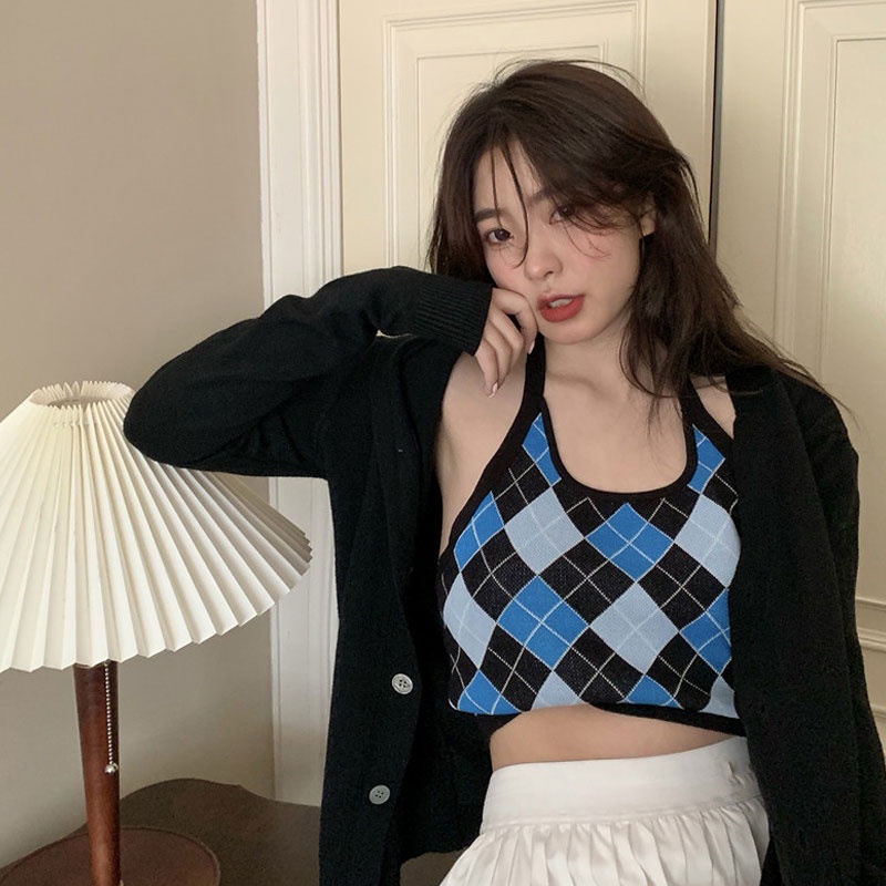 QKOOLE  Áo Dệt Kim Hai Dây Họa Tiết Sọc Caro Phong Cách Hàn Quốc