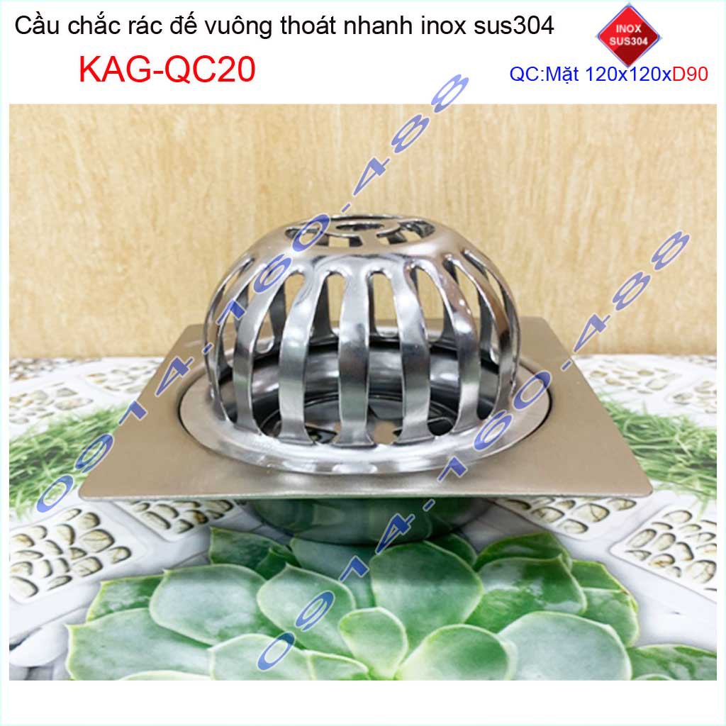 Cầu chắn rác đế vuông 12x12cm D90 KAG-QC20, Phễu thoát nước sân thượng SUS304 ống 9cm thoát nhanh chắn rác tốt