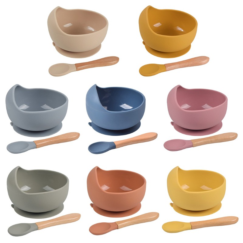 BB 2 Pcs BPA Free Silicone Waterproof Baby Suction Bowl Training Spoon Set Non-Slip Learning Feeding Dish Plate Utensils