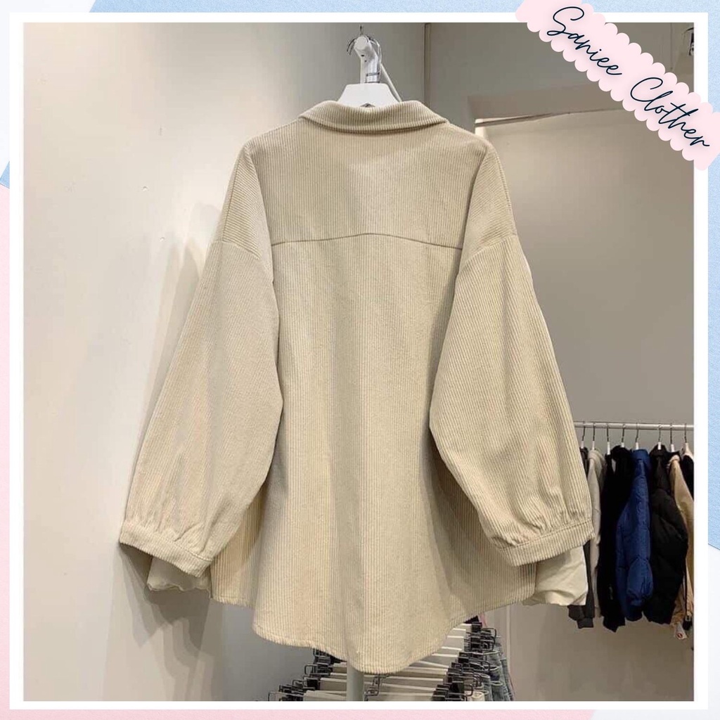 Áo sơ mi nhung tăm nữ dài tay in logo tay bồng dáng rộng Saniee Clothes