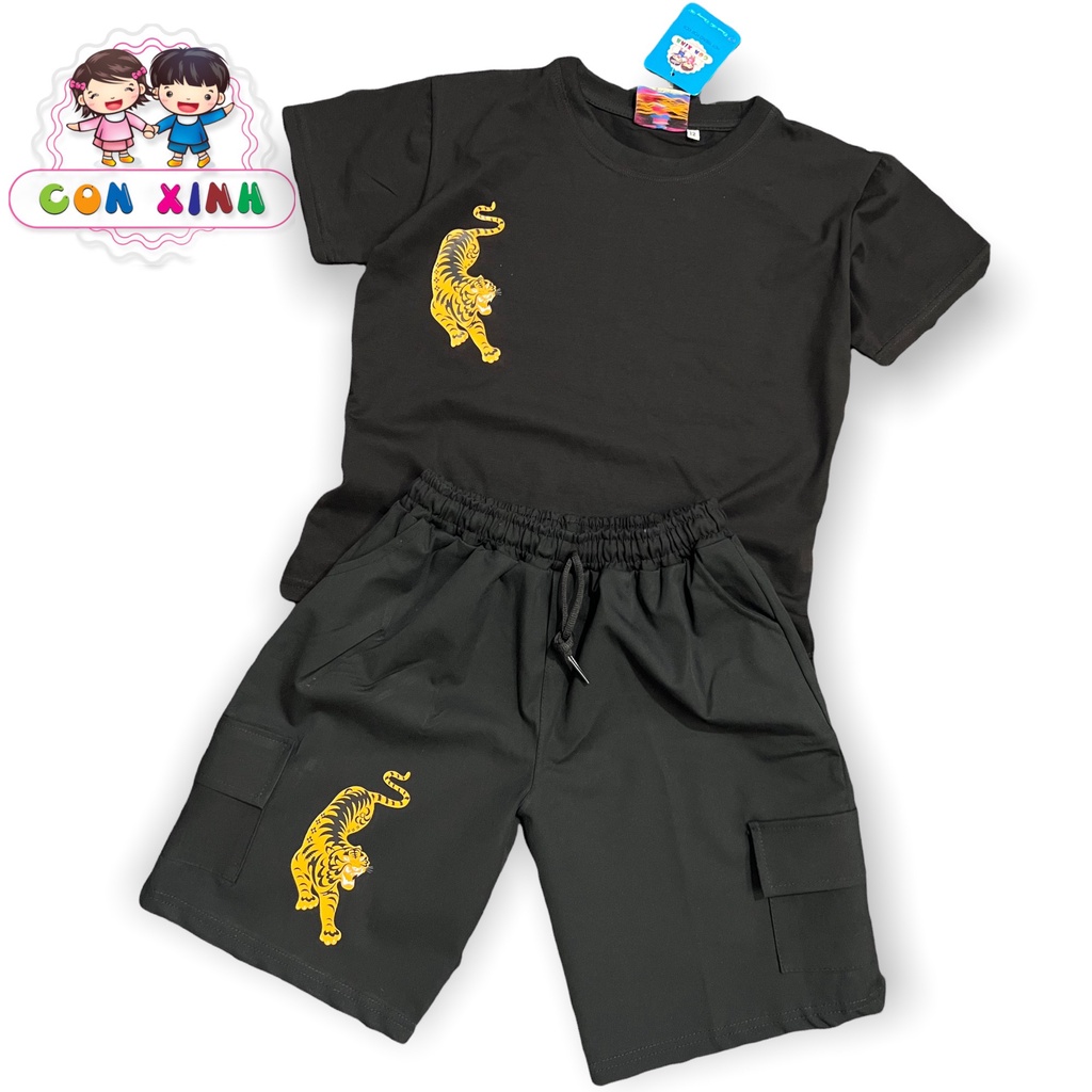 Bộ đồ bé trai CON XINH cotton quần kaki hình in Cọp vằn 2022, thời trang trẻ em thừ 4 đến 10 tuổi
