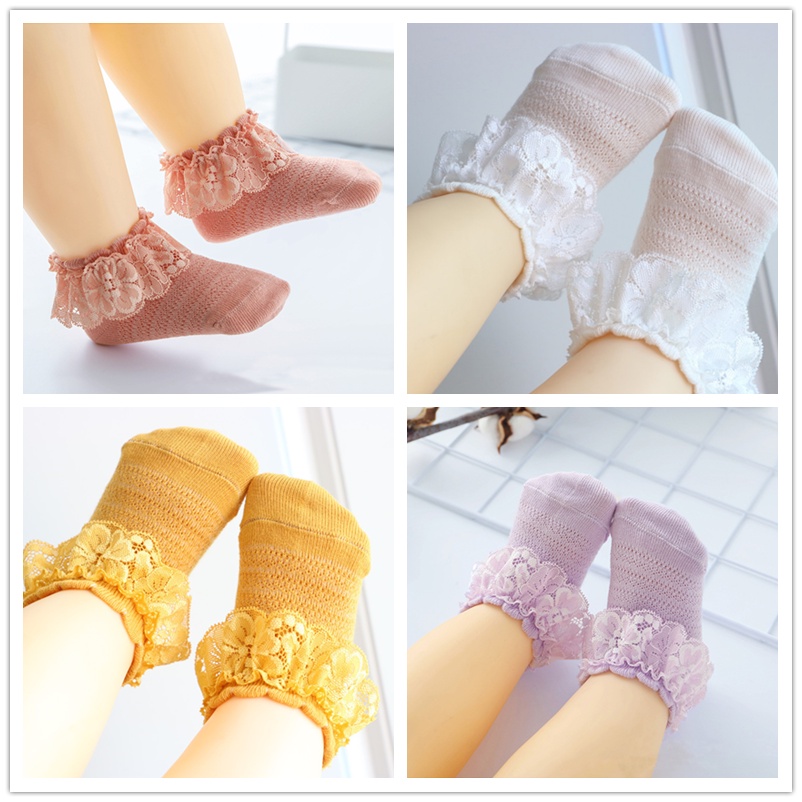 Vớ Cotton Cổ Ngắn Chống Trượt Phối Ren Nhún Bèo Dễ Thương Cho Bé Gái 0-2 Tuổi