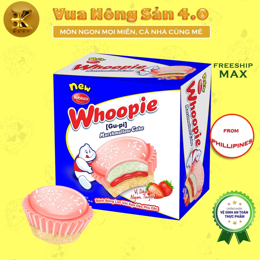 Bánh CupCake Socola phủ Kem Dâu nhân Kẹo Dẻo Marshmallow - Hộp 10 cái - Chính hãng Whoopie