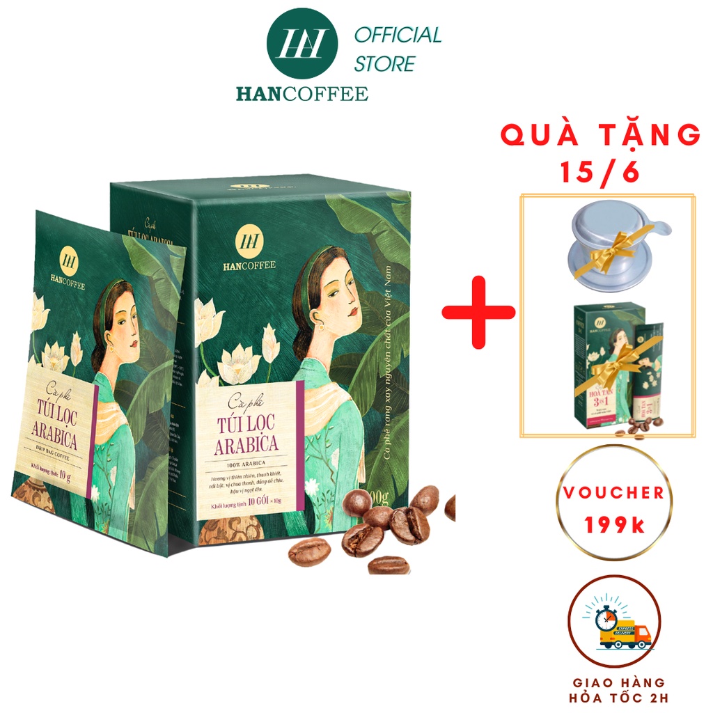Cà Phê Phin Giấy Arabica Túi Lọc Thơm Ngon Nguyên Chất HANCOFFEE Vị Đắng Êm, Ngọt Dịu Hộp 10 gói - HND1