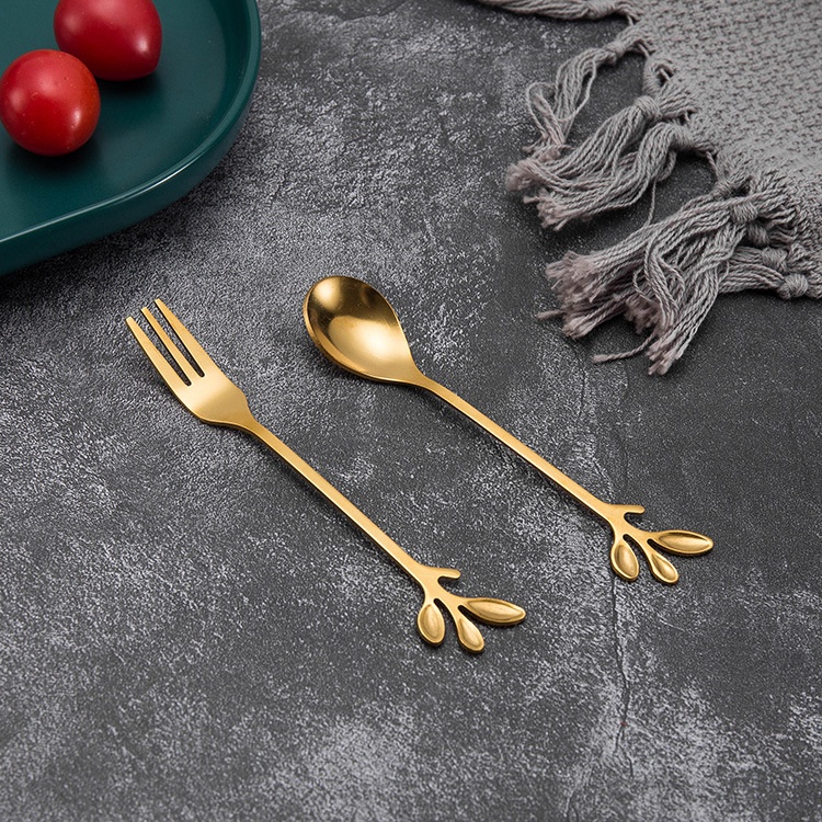 Thìa muỗng dĩa mạ vàng phong cách Vintage thời thượng hoàng kim hợp kim tạo hình 3 lá