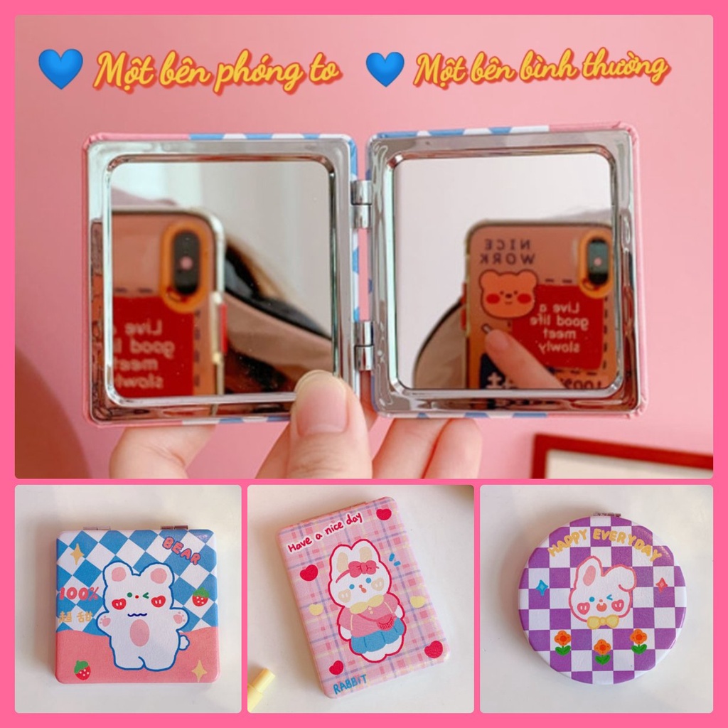 Gương mini soi 2 mặt trang điểm hình Gấu Thỏ dễ thương cầm tay bỏ túi đa năng đi học đi chơi