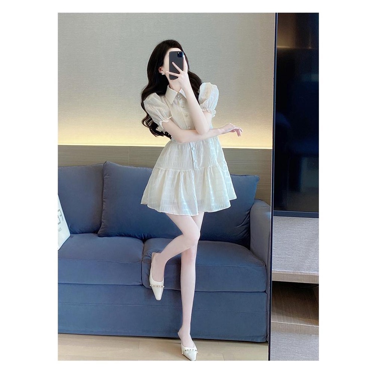 Dress woman summer sweet 2022 new small French style thin pleated bubble sleeve shirt a-shaped skirt