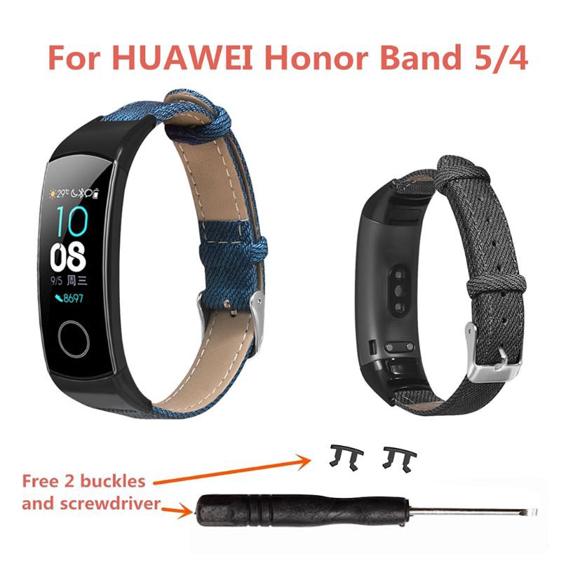 dou Denim Pattern Genuine Leather Watchband Wrist Strap Replacement for Huawei Honor Band 5/4