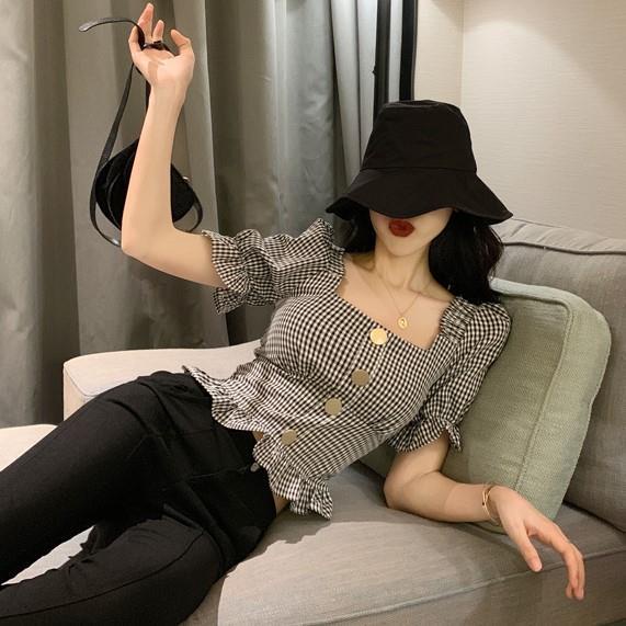 Áo sơ mi tay ngắn hở lưng dáng ôm sọc ca rô thời trang hè cá tính cho nữ
