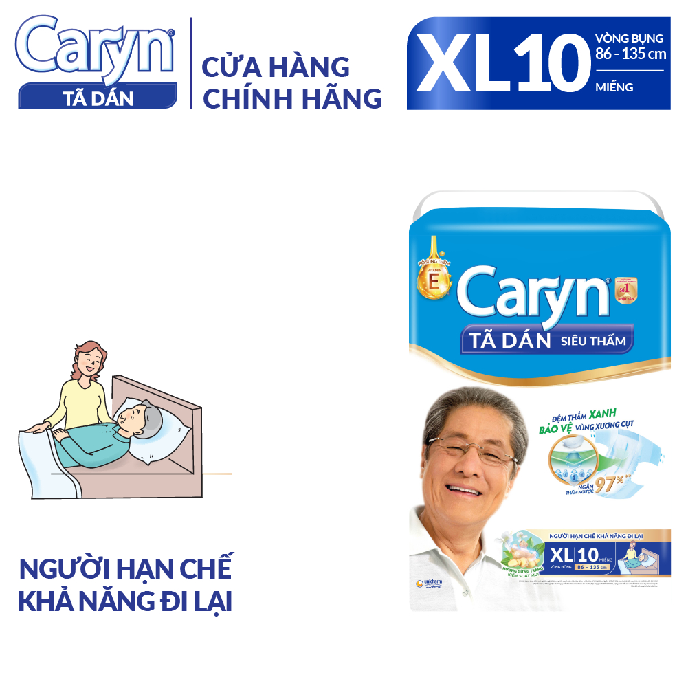 Tã/Bỉm dán người lớn siêu thấm Caryn dành cho người hạn chế khả năng đi lại Size XL 