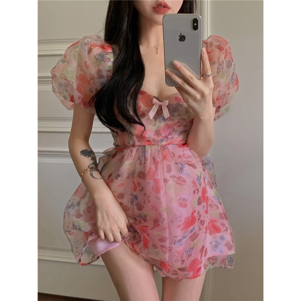 Đầm hoa nữ dáng xoè tay phồng tiểu thư