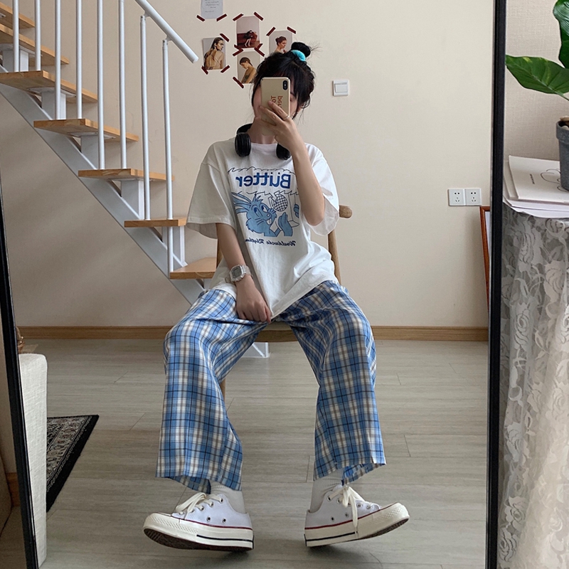 SUXI Quần Dài Nữ Ống Rộng Họa Tiết Caro Thời Trang Cá Tính