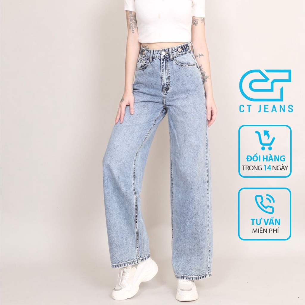 Quần Jeans Nữ Ống Rộng Lưng Cao Trơn Dáng Dài Co Giãn CT JEANS
