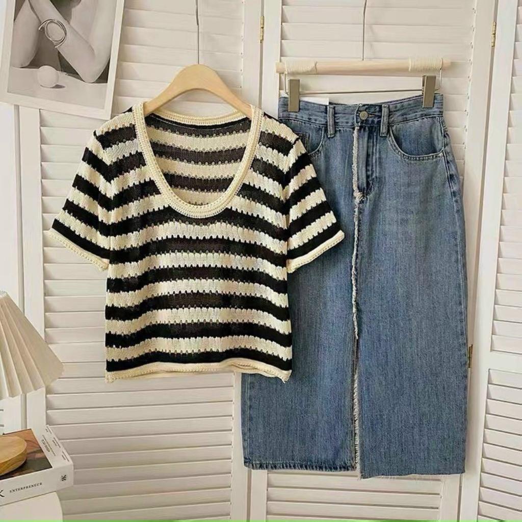 Áo len mongtoghi kẻ cộc tay - Amelie Clothing