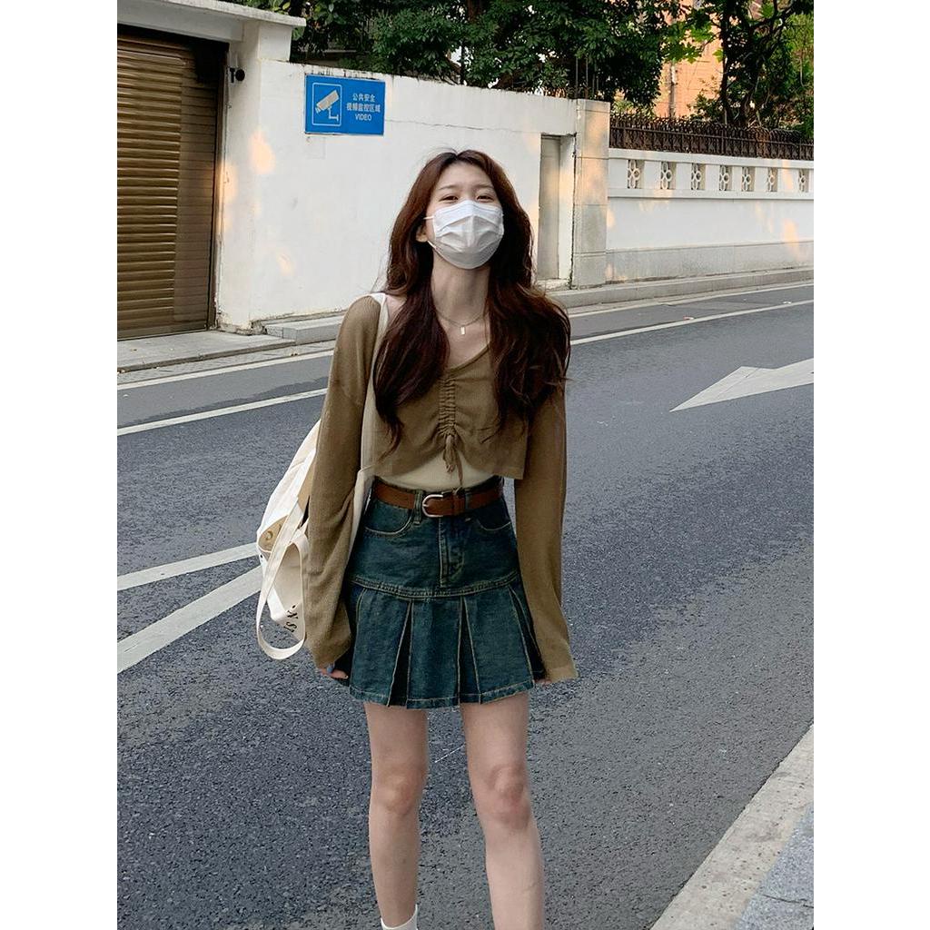 Bộ Áo Dài Tay + Chân Váy Denim Xếp Ly Xinh Xắn Dành Cho Nữ 63501