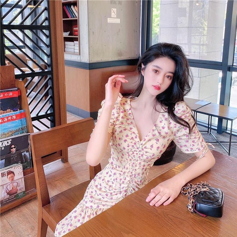 M114 - Váy hoa body Ulzzang cổ V dây rút nơ phần thân đuôi cá dáng dài và ngắn (2 mẫu)