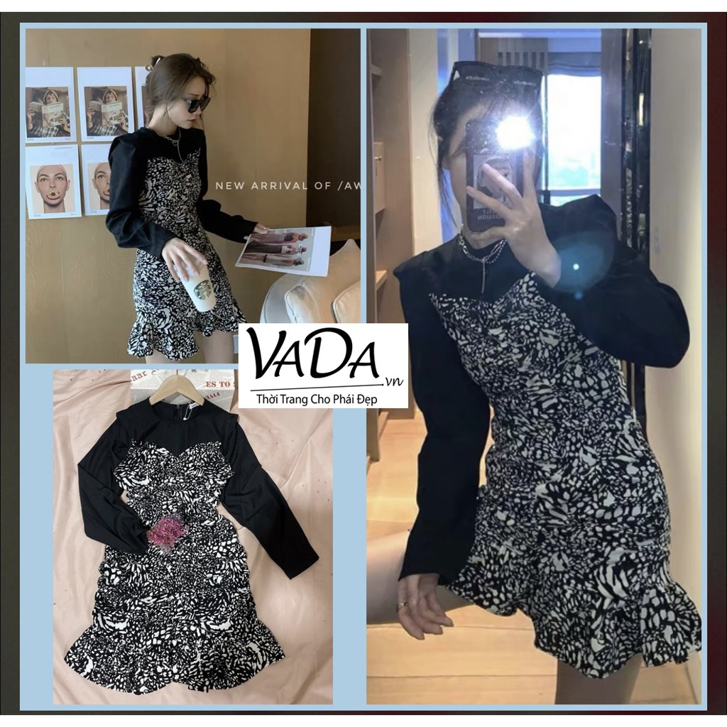 Đầm body tay dài phối hoạ tiết bèo lai nhúng che khuyết điểm V2 tốt - Thời Trang VADA - VB93 | BigBuy360 - bigbuy360.vn