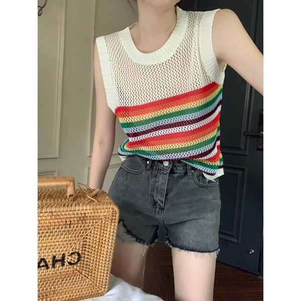 Áo Dệt Kim Sát Nách Dáng Rộng Họa Tiết Kẻ Sọc Thời Trang Mùa Hè Cho Nữ