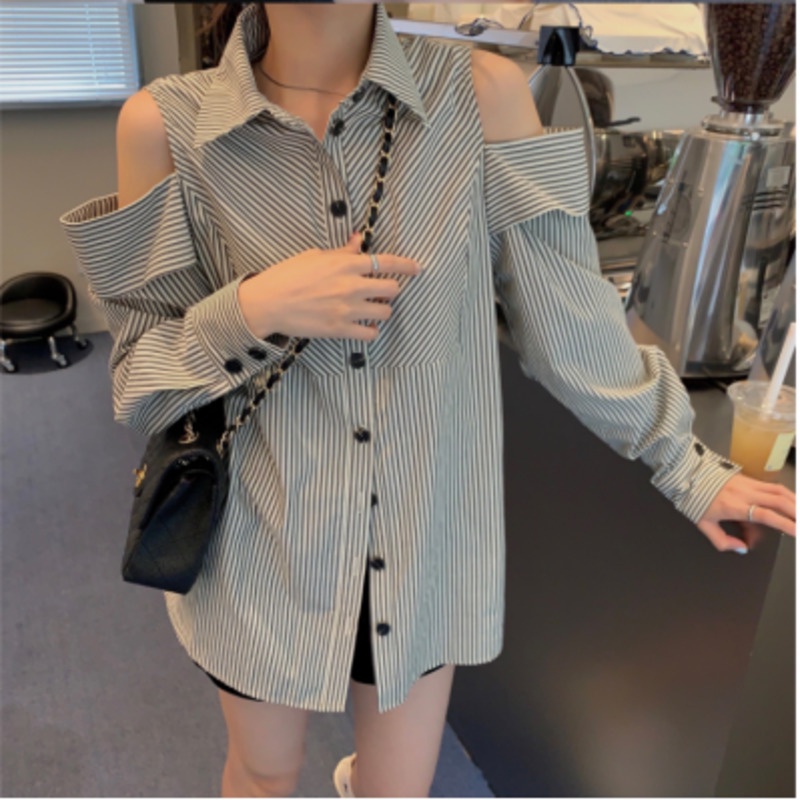 Áo sơ mi RENJIANVSHENG 198524 khoét vai tay dài dáng rộng kẻ sọc phong cách Hàn Quốc thời trang mùa hè