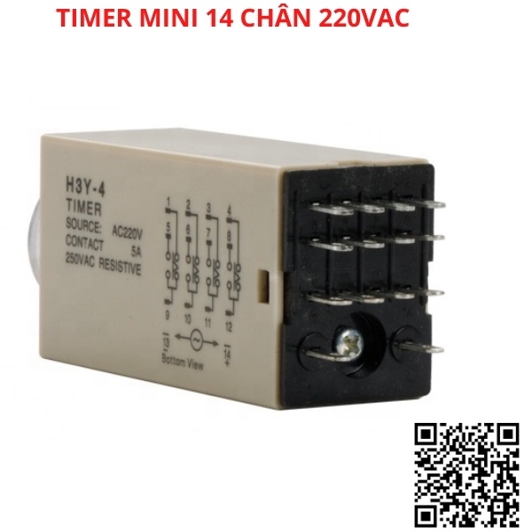 Timer hẹn giờ H3Y-4 relay mini thời gian, công tắc tự động 14 chân điện áp 220VAC tặng kèm chân đế PYF14A