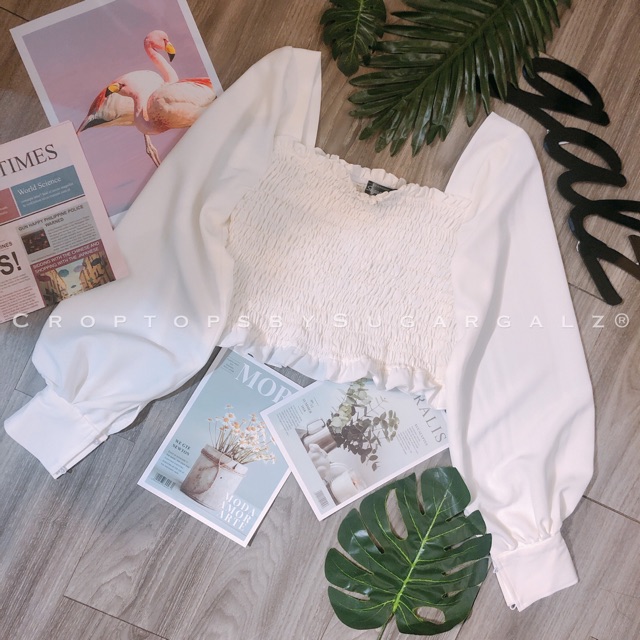 [Ảnh thật] Croptop tay bồng cổ vuông chạy chỉ chun thân áo | BigBuy360 - bigbuy360.vn