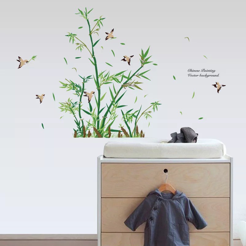 Decal trang trí tường bụ Trúc nhí xanh cùng Chim